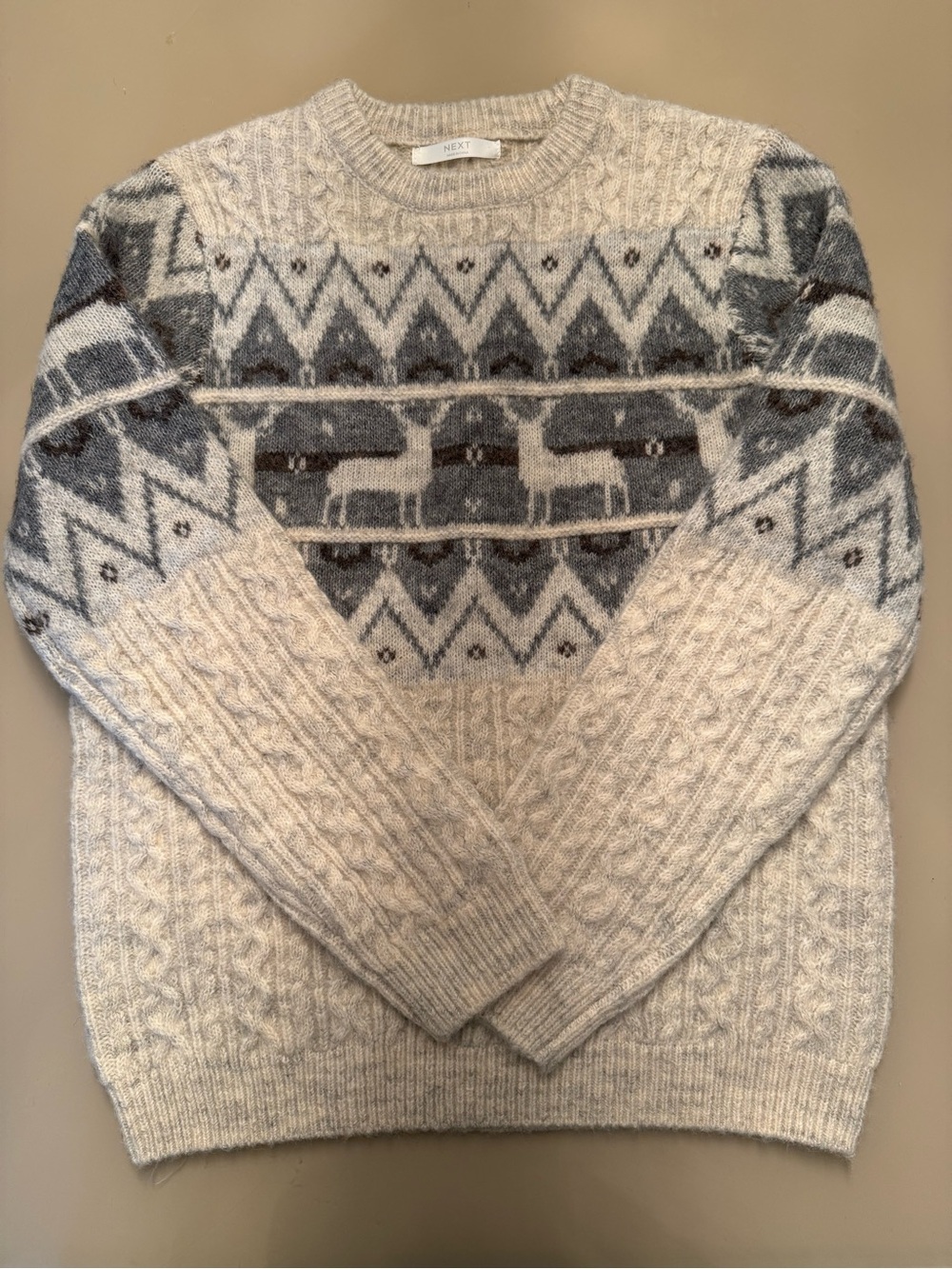 Next (U.K. Brand) Cream & Gray Fair Isle Cable Knit Wool blend Sweater